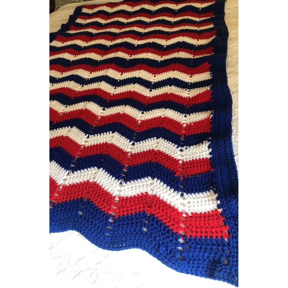Granny Blanket Crochet Red White Blue Patriotic Americana Handmade Throw 32 X38